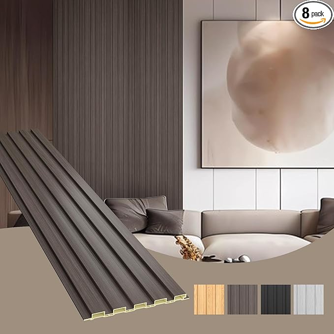 OUZUGIE WPC Acoustic Slat Wall Paneling, 8-Pack 96 x 6 Inches 3D Wall Panels for Interior Wall Decor,Living Room,TV Background,Study Room,Office Spaces,Bedroom,Low Grille (Walnut)