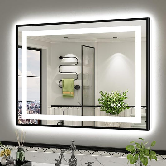 40x30 Inch LED Bathroom Mirror with Black Frame, Backlit & Front Lit, Anti-Fog Lighted Bathroom Vanity Mirror for Wall, Memory Function, Dimmable, HD Tempered Glass, Shatter-Proof