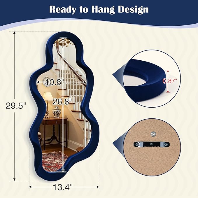 Living Room Mirrors for Wall Decor, 13.8x29.7 Wall Mounted Cloud Mirror for Girl Teen Women Bedroom Decoration, Cute Hanging Wall Art for Coastal Beach Ocean Home Office (Dark Blue)