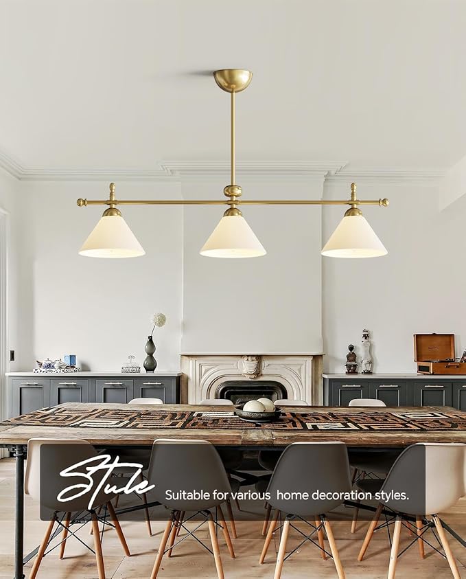 Linear Chandelier, Modern Chandelier for Dining Room Light Fixture, Dining Light Fixtures with Milk Glass Shade Pendant Lights Kitchen Island for Restaurant, Living Room (Gold, 3-Lights)