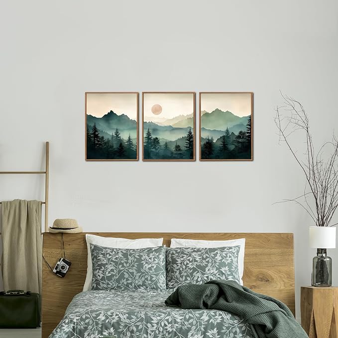 LHIUEM Boho Mountain Framed Canvas Set Forest Pine Tree Decor Mountain Cabin Framed Art Nature Sunrise Wilderness Landscape Art Painting Boho Decor Wall for Living Room Bedroom Dining Room Office