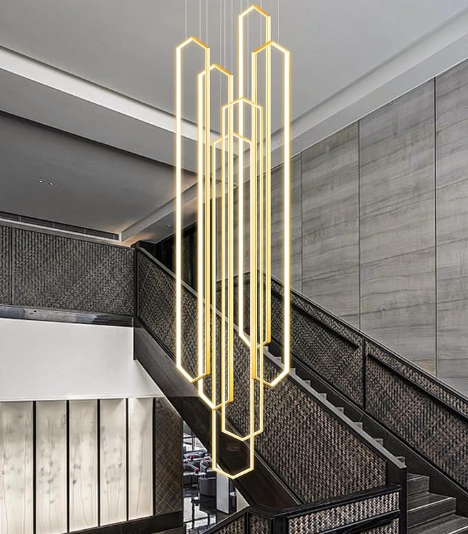 6 Rings Large Chandelier for Staircase Modern High Ceiling Chandelier LED Dimmable Chandeliers for Foyer Living Room Villa Gold