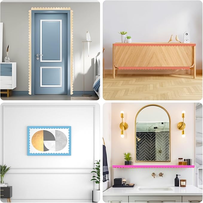 6Pcs Unfinished Scalloped Decorative Wood Trim with Glue Dots, 15.75" x 1.57" Scalloped Wooden Edging Trim Cute DIY Moulding Trim for Home Wall Cabinet Window Door Decor, Interior & Exterior Use