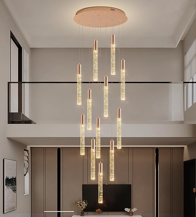 12-Lights High Ceiling Crystal Chandelier, Modern Large LED Raindrop Pendant Light Fixture 99" H Flush Mount Chandelier Gold for Foyer Staircase Villa Living Room