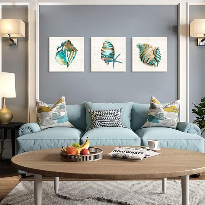 JAPO ART - Sea Lift Picture Abstract Artwork Aquarelle Color Blue Shells Gold Foil Painting Print on Canvas 12x12Inchx3 pcs