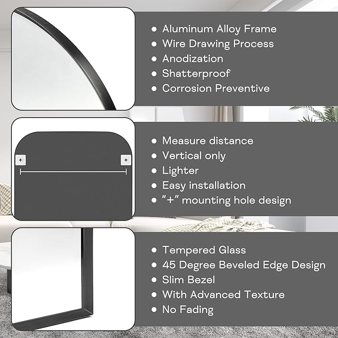 Modern Large Wall Mirror, Modern Mantel Minimalist Home Decor, Brushed Black Metal Framed Arched Mirror for Living Room, Bedroom, Fireplace, Mantle, Entryway, Bathroom, 48" x 30", Black