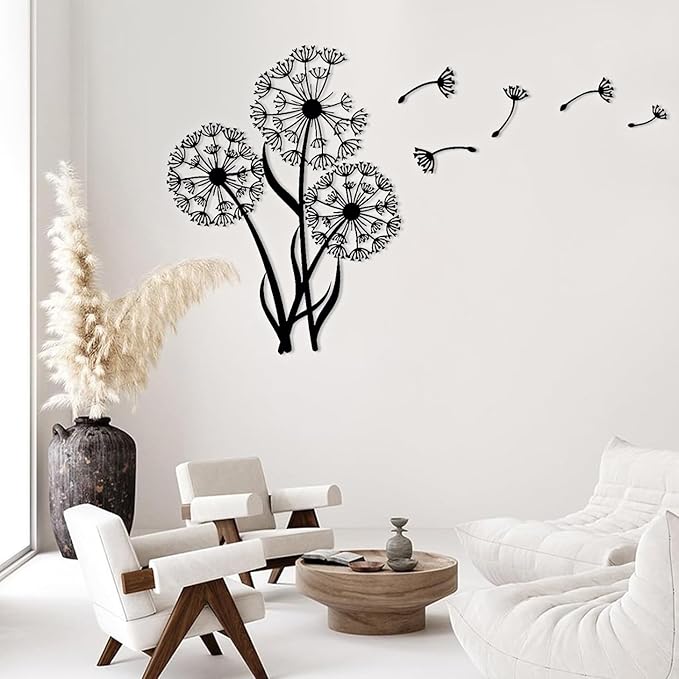 Metal Dandelion Modern Abstract Wall Sculpture, Home Decor for Living Room, Bedroom, Bathroom, Kitchen - 24'x18' Black