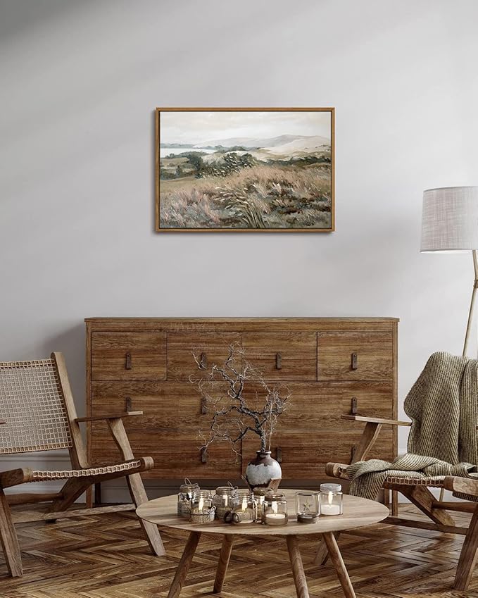 KISSFOX Vintage Landscape Canvas Wall Art Neutral Farmhouse Hills Lake Framed Wall Art Serene Countryside Paintings Artwork Rustic Art Prints For Bedroom Living Room