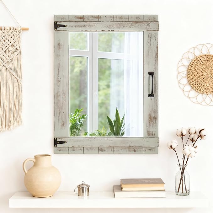 Oakrain Farmhouse Mirror, 24x32 Inch Distressed Gray Wood Frame with Black Metal Hinges, Rustic Wall Mirror for Bathroom, Living Room, Entryway, Bedroom