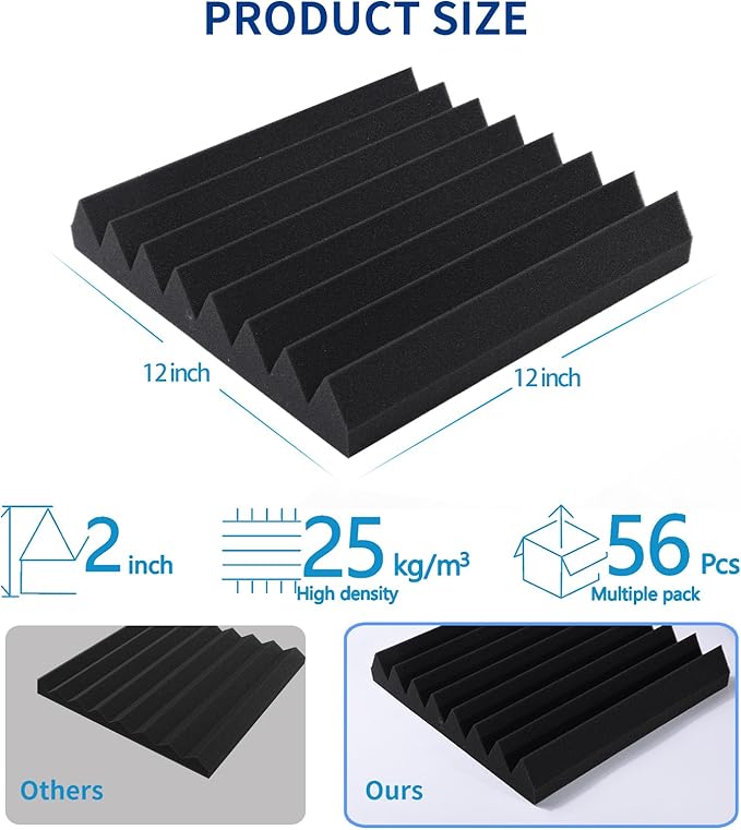56 Pack Sound Proof Panels for Walls, 2" X 12" X 12" Wedges Acoustic Foam, High Density Acoustic Panels, Soundproof Wall Panels for Home Studio Sound Absorption and Decoration, Black