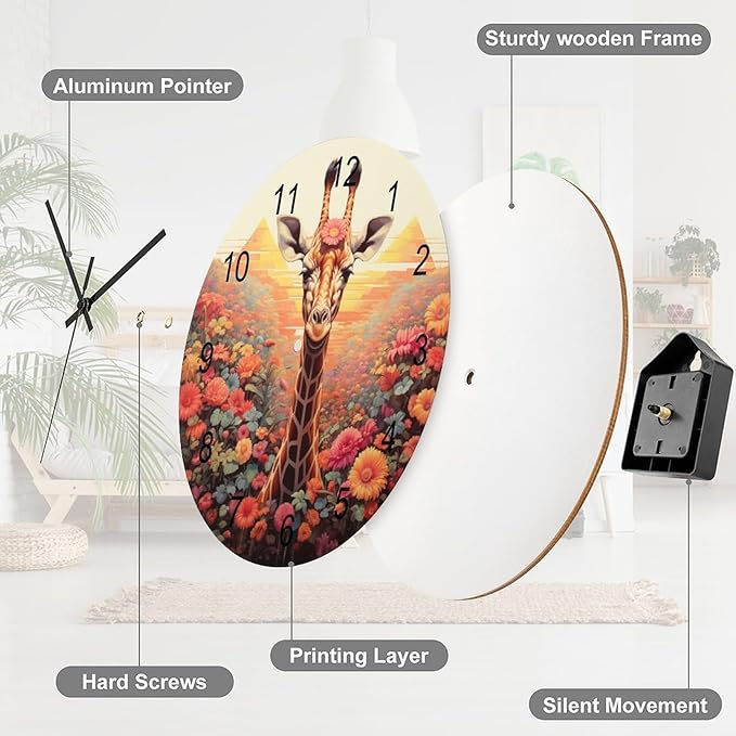 Cartoon Giraffe-Themed Round Wall Clock, Watercolor Flower Giraffe Cute Dream Children's Personalized Theme Decoration, Giraffe-Style Room, Living, Kitchen Wooden Silent Clock 12x12INCH