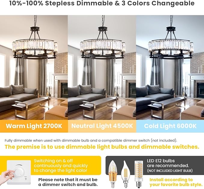 NOXARTE Round Crystal Chandelier 6 Lights Hanging Chandelier Pendant Light Ceiling Fixture Black Iron Frame for Dining Room Living Room Farmhouse D26 Inch x H20 Inch