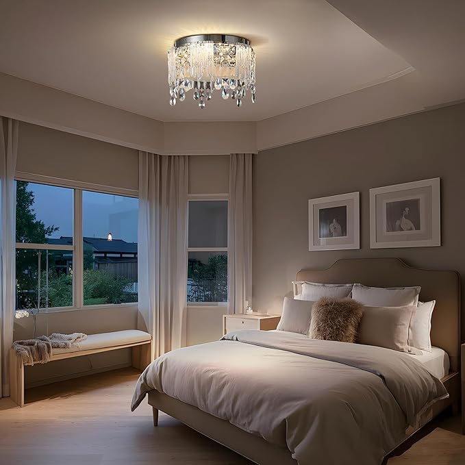Modern Crystal Chandelier Chrome Round Semi Flush Mount Ceiling Light Fixture,Dimmable LED Close to Ceiling Light for Living Room, Bedroom, Hallway, Dining Room, Hallway Entryway Kitchen