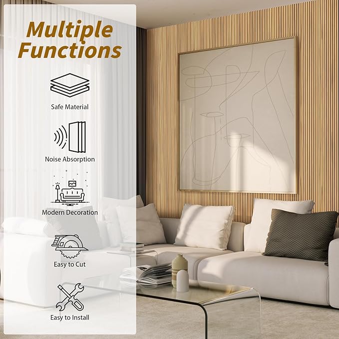 4-Piece Acoustic Wood Wall Panels for Wall and Ceiling, 3D Fluted Soundproof Wood Slat Wall Panels for Interior Wall Decor, 94.5" x 7.9"-Warm Teak