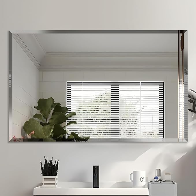 Beveled Mirror, 48"x30" Inch Beveled Frameless Mirror for Bathroom, Rectangular Beveled Edge Bathroom Vanity Mirror, Upgraded Shatterproof Wall Mirror, Hangs Horizontally or Vertically.