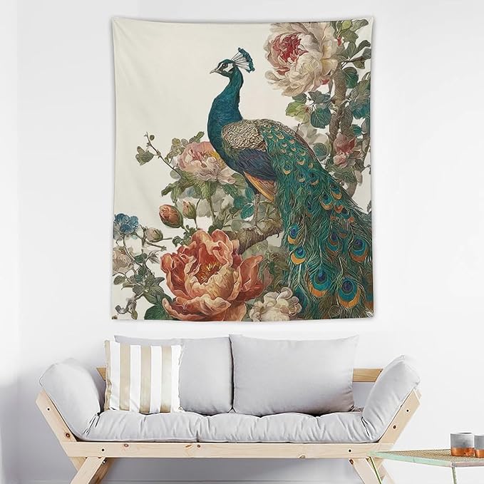 UUKXKUU Peacock Oriental Retro Blooming Flowers Tree Tapestry Wall Decor Large Wall Art Backdrop Flag Hanging for Bedroom Living Room Dorm Office 50"×60"