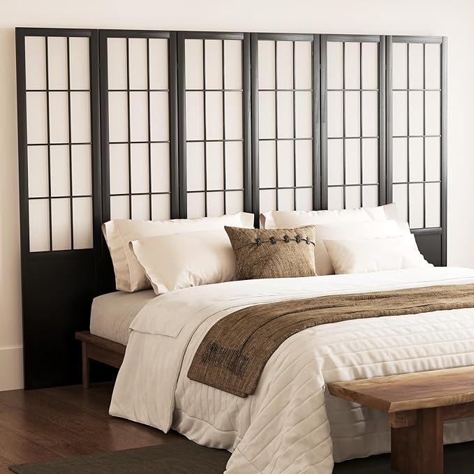 5.6FT Room Divider and Folding Portable Partition Screen, Chinese Japanese Shoji Style for Room Separation - 6 Panel (Black)