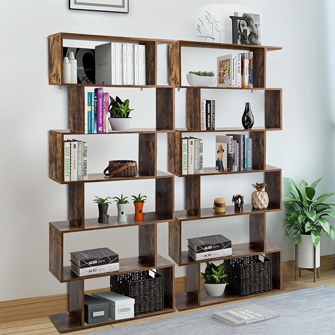 6 Tier Geometric Bookcase, S Shaped Bookshelf, Book Shelf Room Divider, Wood Freestanding Display Shelves, 75 Inch Staggered Bookshelf for Bedroom Living Room (2, Rustic Brown)