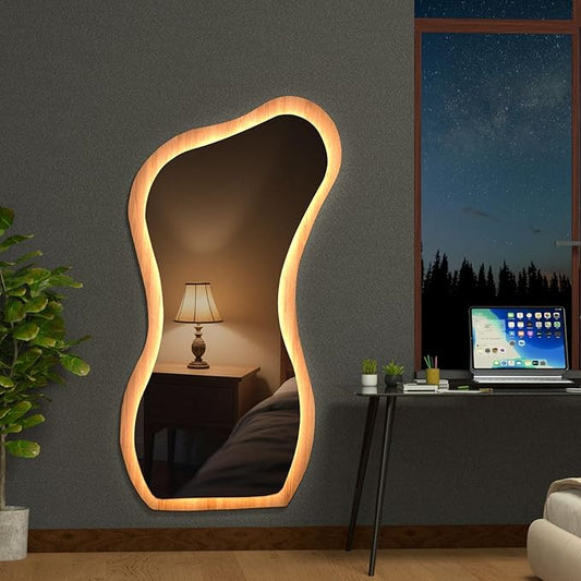 48" x 24" Irregular Led Wood Full Length Mirror with Lights Wavy Floor Mirror,Shatter-Proof Hanging/Leaning Irregular Asymmetrical Wall Mirror Wooden Framed Mirrors for Living Room Bedroom Entryway