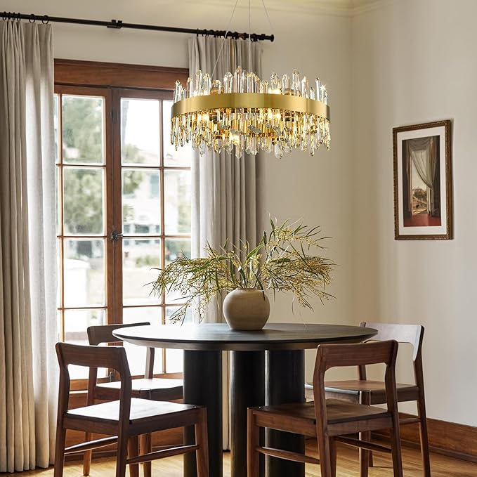 Modern Crystal Chandelier, 24in K9 Crystal Chandeliers for Dining Room, 12 Lights 2 Tier Dimmable Round Gold Chandelier, Adjustable Modern Chandeliers for Living Room, Bedroom, Bathroom, Kitchen Foyer