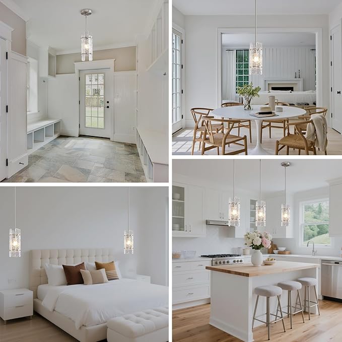 Brushed nickel Crystal Pendant Light for Kitchen Island, Luxury Mini Water Ripple Glass Chandelier Fixture, Modern Round Adjustable Hanging Pendant Lighting for Dining Room Bathroom Hallway (3-Pack)