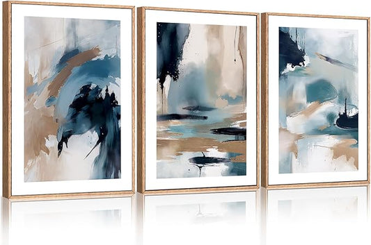 KAIRNE Blue Abstract Neutral Framed Canvas Wall Art Set, Navy Abstract Wall Decor, Watercolor Blue and Brown Wall Painting, Modern Textured Art Prints for Living Room, Bedroom, Office - 24"x36"x3