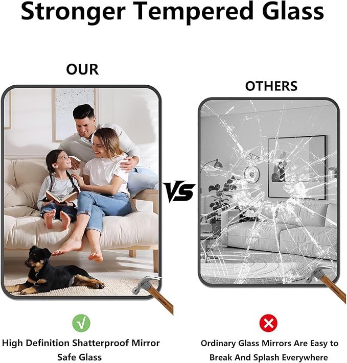 Bathroom Mirror, 30X40 Inch Black Metal Framed Mirror for Bathroom, Tempered Glass, Anti-Rust, Rounded Rectangle Mirror for Restroom, Bedroom, Black