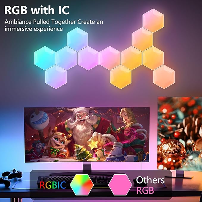 Led Wall Panel Gaming Lighit 10 PCS, Hexagon Led Light RGB with IC, Home Decor Smart Hexa Light with Music, Work with Alexa and Google Assistant for Gaming Room, Bedroom, Christmas Deco