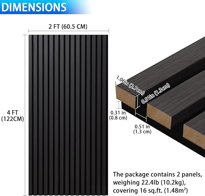 3D Slat Acoustic Wall Panels with Wood Finish Accent, 2 Pack Sound Absorbing Paneling for Studio, Office, Living Room, Bedroom Interior Decor (Matte Black, 48''L x 24''W)