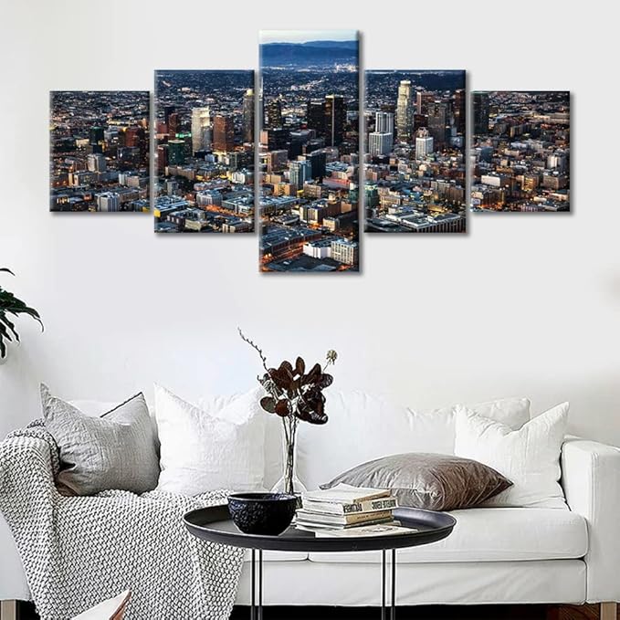 Beautiful Los Angeles Landscape Canvas Wall Art House Decor Los Angeles Skyline Bedroom Decor Wall Art 5 Pieces Modern Home Decor Giclee Wooden Framed Gallery-Wrapped Ready to Hang (50"Wx24"H)