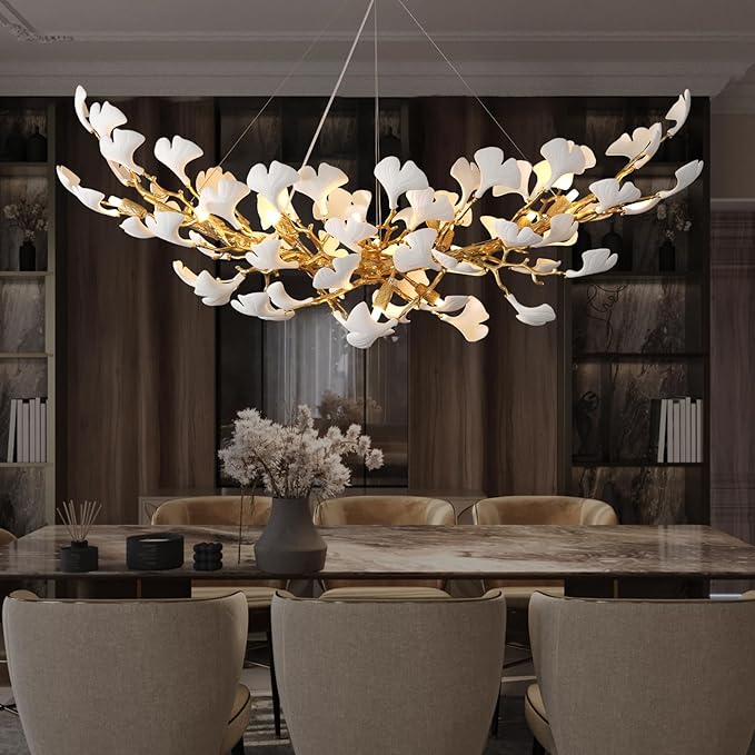 Modern Gold Leaf Chandelier for Dining Room, 55-inch Rectangle Ceramic Ginkgo Leaf Chandelier Over Table, Tree Branch Chandeliers for Living Room and Kitchen