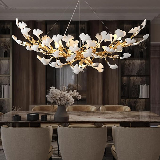 Modern Gold Leaf Chandelier for Dining Room, 55-inch Rectangle Ceramic Ginkgo Leaf Chandelier Over Table, Tree Branch Chandeliers for Living Room and Kitchen