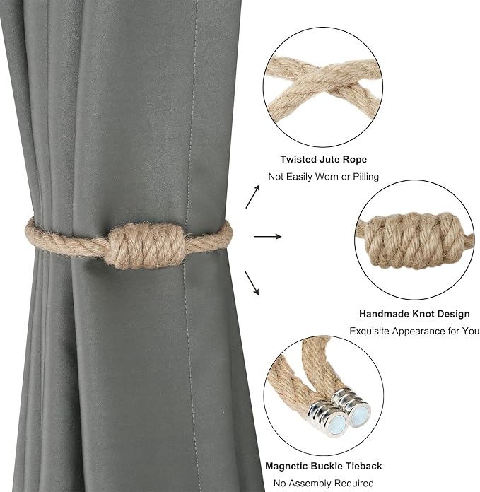 BEL AVENIR Magnetic Jute Curtain Tiebacks, Decorative Drapery Holdbacks Bohemian Style Woven Tie-Backs with Exquisite Knot (Jute, 6 Pack)