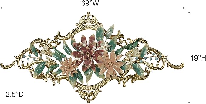 Abylissa Floral Metal Wall Art | Hand-Finished and Hand-Dyed with Pastel-Hued Alcohol Ink | Shimmering Metallic Gold Leaf Detailing | Openwork, Dimensional Flower Wall Sculpture with Regal Scrollwork