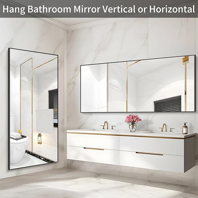 36x72inch Bathroom Mirror, Black Rectangle Mirror with Thin Metal Frame, Large Rectangular Wall Mirrors for Bathroom, Living Roomm, Hair Salon, Big Farmehouse Mirror Hang Horizontal/Vertical