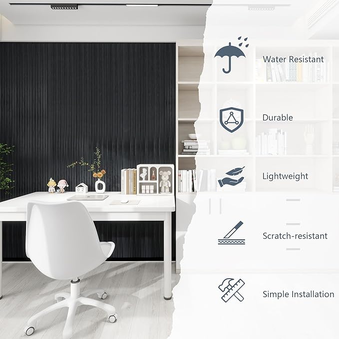 KASARO 3D Faux Wood Wall Panels - 16 Pack (47.2"x4.8") Fluted Slat Paneling for Walls & Ceilings, Adhesive or Nail Install, Waterproof Textured Decor - Living Room, Bedroom, Black