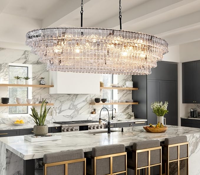 65 Inch Large Rectangular Black Chandelier for Dining Room, Clear Glass Drum Modern Pendant Light Fixture, Extra Long Kitchen Island Lighting