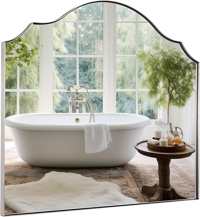 ANDY STAR Scalloped Arched Mantel Mirror, 32x28 Inch Brushed Nickel Vanity Mirror in Stainless Steel Metal Frame, Vintage Wall Mirrors for Fireplace, Bedroom, Living Room, Entryway Hangs Vertically