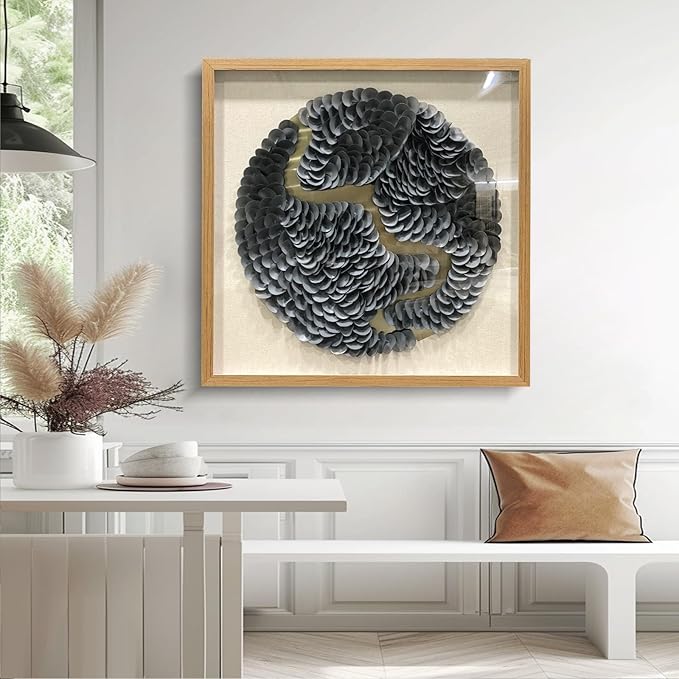 BrightA Black circular leather wall sculpture, wall art piece, large-scale wall decoration, 3D artwork, minimalist layered circular design, acrylic glass solid wood frame, contemporary office decoration item 31.5"x31.5"