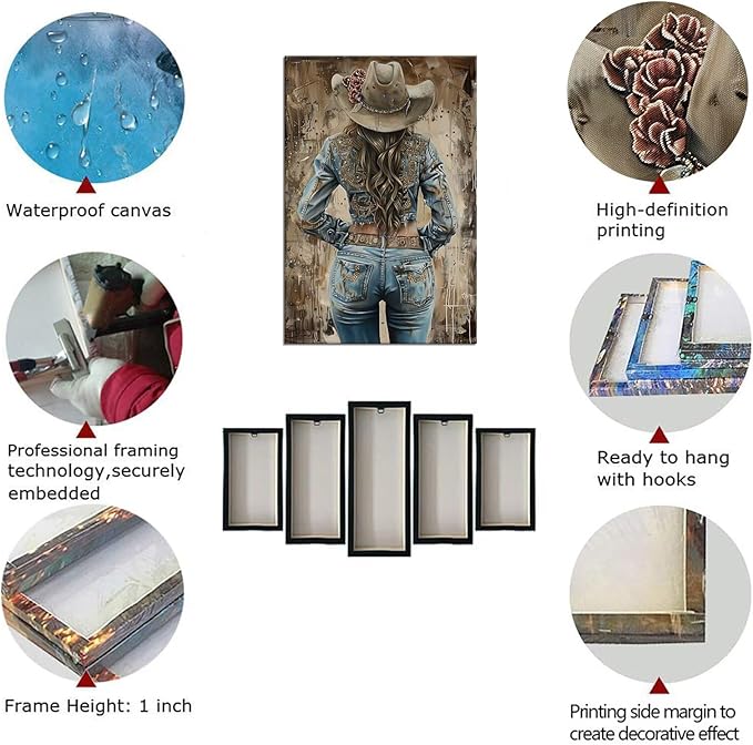 Beautiful Women Western Cowboy Pictures Wall Decor Retro Cowboy Wall Art Canvas Prints Southwestern Poster Trendy Western Painting Artwork for Bedroom Living Room Framed(24L" x 32W")