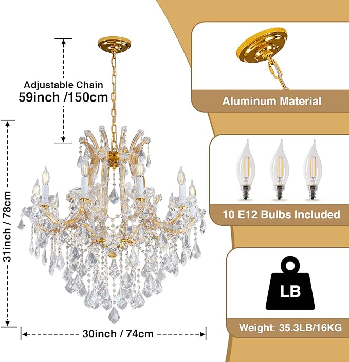 Modern Crystal Chandeliers, Gold Candle Chandelier -Luxury Chandelier Lighting Fixtures for Dining Room, Foyer, Staircase Hallway Living Room Entryway, 10 Lights