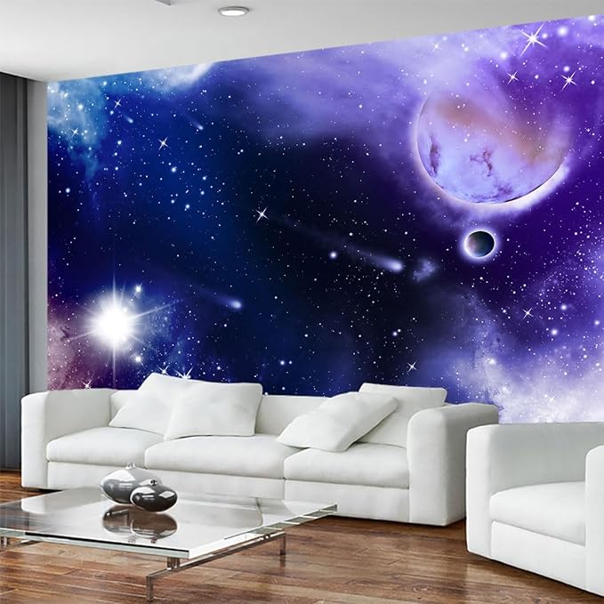 Blue and Purple Starry Sky Wallpaper, Full Moon and Stars Shining Mural, Large Wall Background Mural(Non-self-Adhesive)