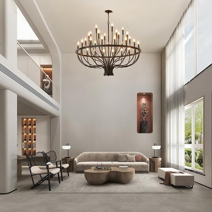 Large Black Chandeliers for High Ceilings, 33-Light 48" Farmhouse Light Fixture for Dining Room Kitchen Island, Modern Industrial Candle Style Chandelier for Living Room Stair Foyer