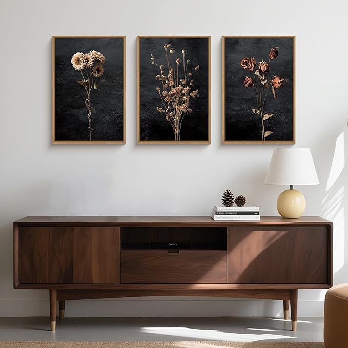 Large Moody Dark Floral Framed Canvas Wall Art,Vintage Dried Flowers Wall Decor,Modern Retro Wildflowers Artwork,Mid Century Boho Botanical Art Print for Living Room,Bedroom,Office- 24"x36"x3