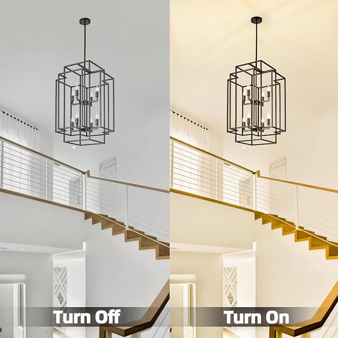 Black Farmhouse Chandelier, Large Chandeliers for High Ceilings, 8-Light Tiered Lantern Pendant Light Modern Foyer Lighting Fixtures, for Entryway Staircase