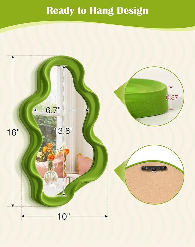 Living Room Mirrors for Wall Decor, Soft Velvet Wall Mounted Cloud Mirror for Girl Teen Women Bedroom Decoration, Cute Hanging Sculpture Home Accent for Dining Room Kitchen (Lawn Green)