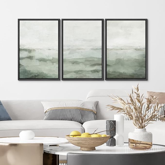 MUDECOR Framed Canvas Print Wall Art Sage Green Abstract Prints Minimalist Modern Wall Art Decor for Bedroom - 16"x24"x3 Black