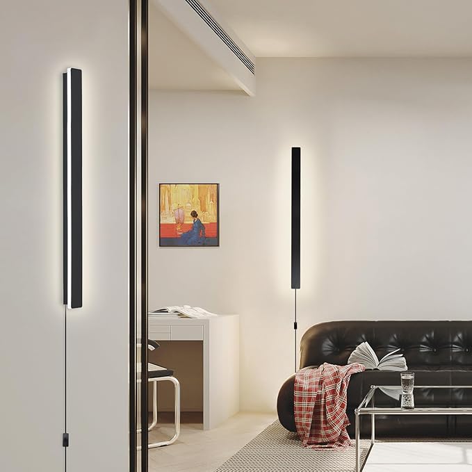 Modern Plug in Wall Lights, 31.4 inch Frosted Black LED Long Wall Sconce, 16W Warm White 3000K Acrylic Indoor Wall lamp,with 59" Plug Cable for Bedroom, Living Room, Hallway