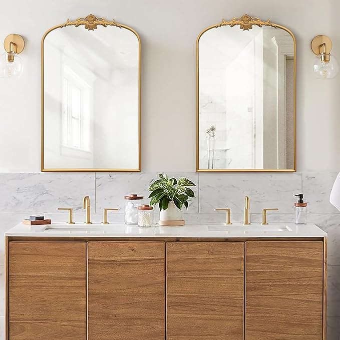 Antique Baroque Arched Mirror: 24"x36" Arch Gleaming Gold Vintage Wall Mounted Mirror - Traditional Ornate Home Decor for Entryway/Fireplace/Bathroom - Idea for Homemakers