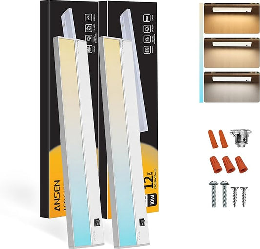 Ansen 2Packs of Under Cabinet Lighting Hardwired, 12in 10W 666LM Dimmable Led Light for Kitchen/Closet, CRI 92+, R9 90+, 3 Color Temperature, 3000K/4000K/5000K(Warm White, Cool White, Daylight)